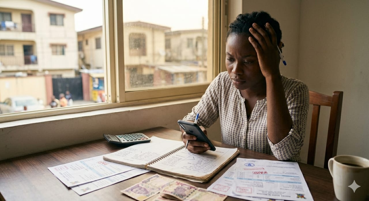 A calm Nigerian woman at a modest desk with her phone and notebook, working through her finances in natural daylight.